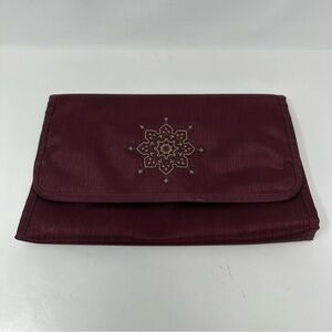 Oscar DeLaRenta Embroidered Satin Travel Toiletries Case Burgundy